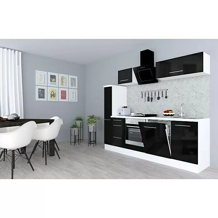 Respekta Premium Composición de cocina Amanda Alto - Ancho: 250 cm, Blanco/Negro, Con electrodomésticos - Conjunto de cocina moderno blanco y negro con gabinetes brillantes, horno integrado y lavavajillas semiabierto.