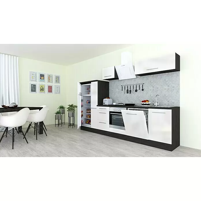 Respekta Premium Composición de cocina Amanda Alto - Ancho: 310 cm, Roble/Blanco, Con electrodomésticos - Cocina moderna con gabinetes de madera oscura y blancos, electrodomésticos integrados y área de comedor. Con salpicadero estampado y suelo claro.