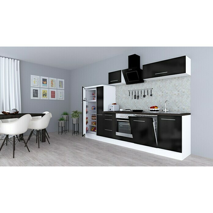 Respekta Premium Composición de cocina (Ancho: 310 cm, Con dispositivos eléctricos, Negro de alto brillo)