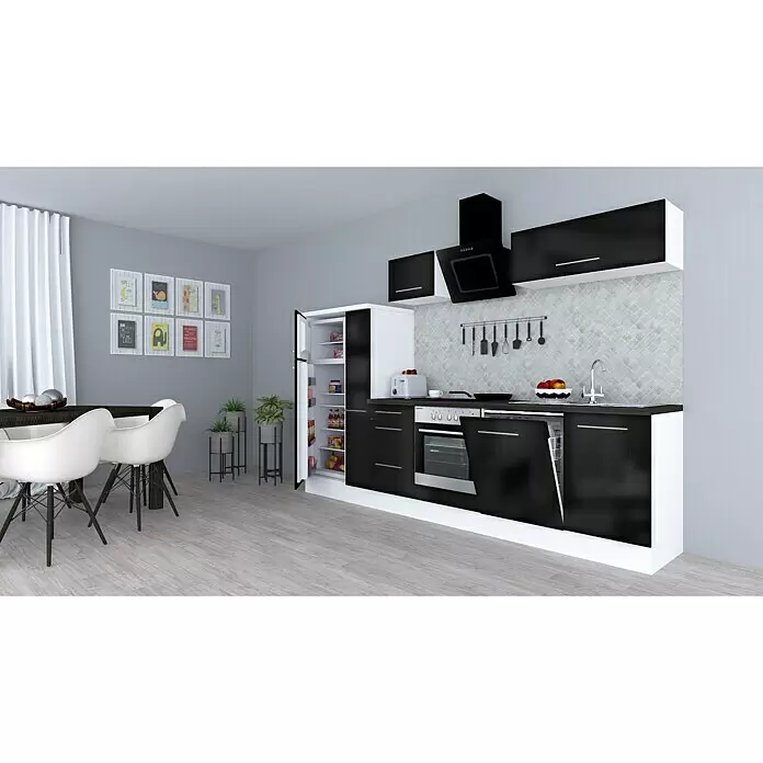 Respekta Premium Composición de cocina Amanda Alto - Ancho: 310 cm, Blanco/Negro, Con electrodomésticos - Cocina integrada moderna en blanco y negro con zona de comedor. Incluye nevera, horno y fregadero.