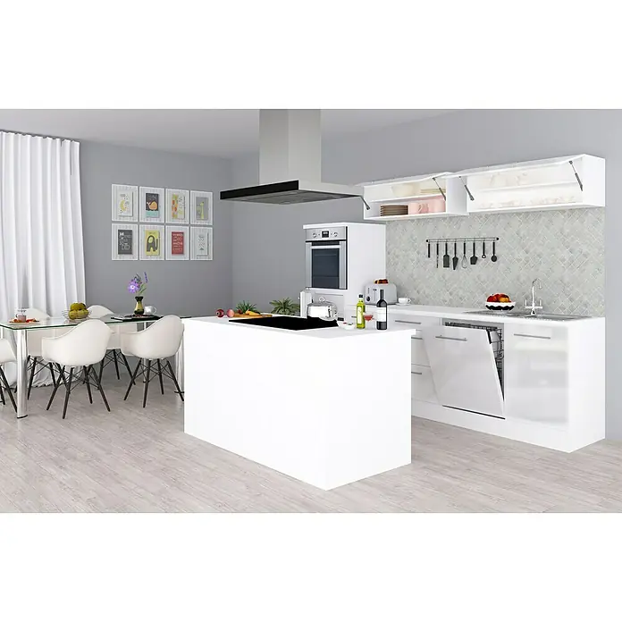 Respekta Premium Inselküche RP280IWWCBO - Breite: 280 cm, Weiß, Mit Elektrogeräten - Eine moderne Küche mit Kochinsel, weißen Schränken und Geräten, ergänzt durch einen Esstisch mit weißen Stühlen, die ein stilvolles Ambiente schaffen.