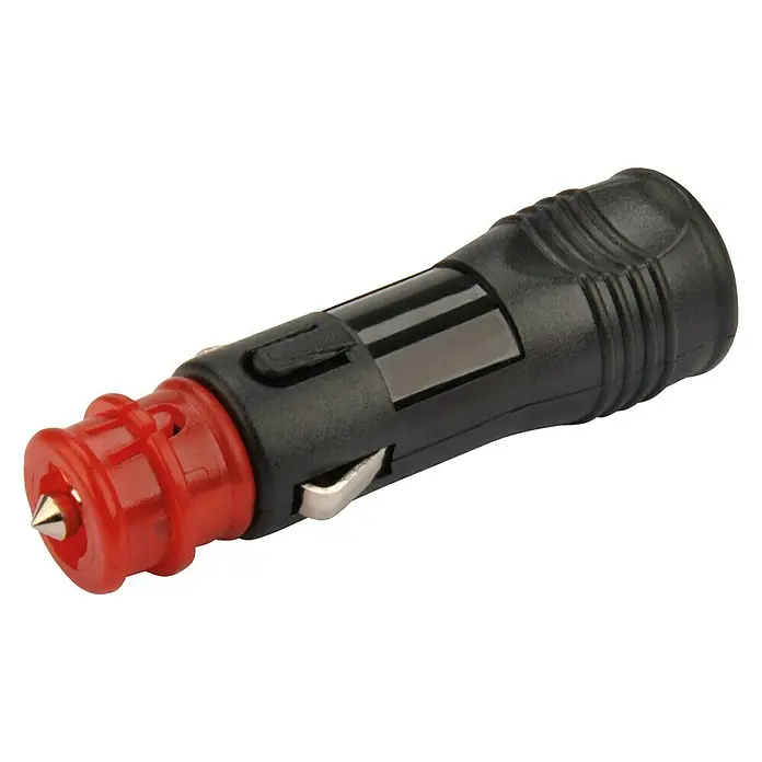Cartrend Universalstecker mit Sicherung - Spannung: 6 V - 24 V - Nahaufnahme eines schwarzen Zigarettenanzündersteckers mit roter Spitze und Metallelementen.