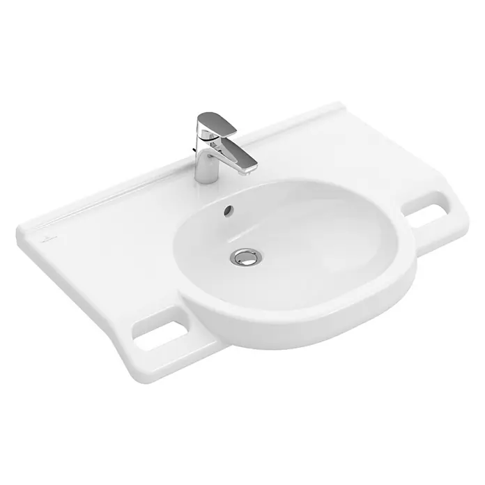 Villeroy & Boch ViCare Waschtisch Typ 2 - 80 x 55 cm, Mit schmutzabweisender Glasur, Hahnloch: Mitte, Mit Überlauf, Weiß - Weißes Aufsatzwaschbecken mit Armatur, ideal für moderne Badezimmer. Das Becken zeichnet sich durch sein minimalistisches Design und praktische Ablageflächen aus.