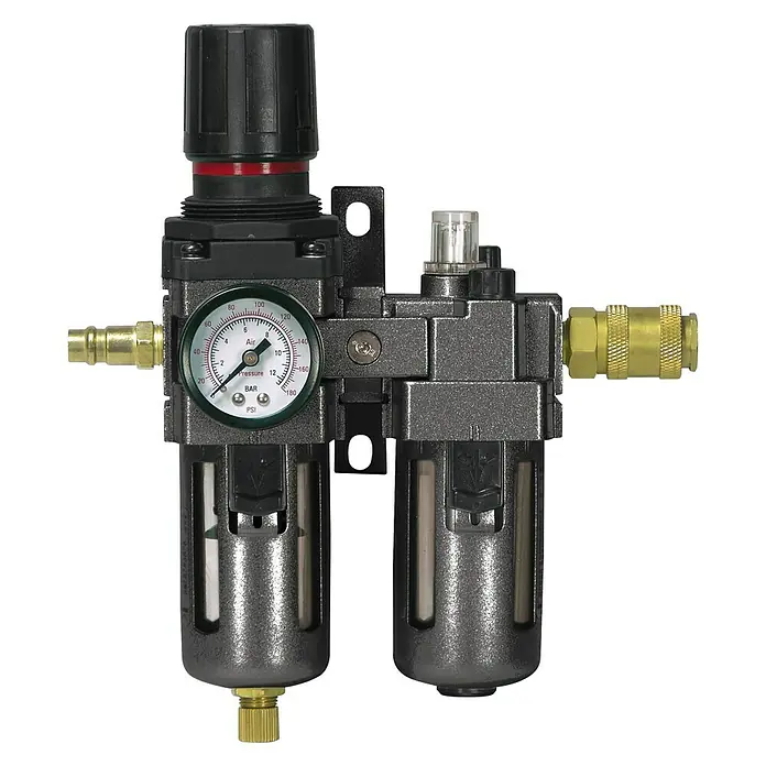 Craftomat Wartungseinheit - Größe Anschluss: ¼″, Max. Druck: 10 bar - Ein Druckluftfilterregler mit Manometer und Anschlüssen. Ideal für präzise Druckregulierung in Werkstätten.
