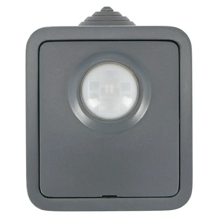 Voltomat Blueline Sensor-Schalter - Grau, Matt, 1-fach, Ausrichtung Schalterprogramm: Horizontal, Aufputzmontage, Schutzart: IP54 - Graue quadratische Sensorleuchte mit runder Linse und stufenförmiger Oberseite für den Außenbereich, ideal für Sicherheit und Komfort.