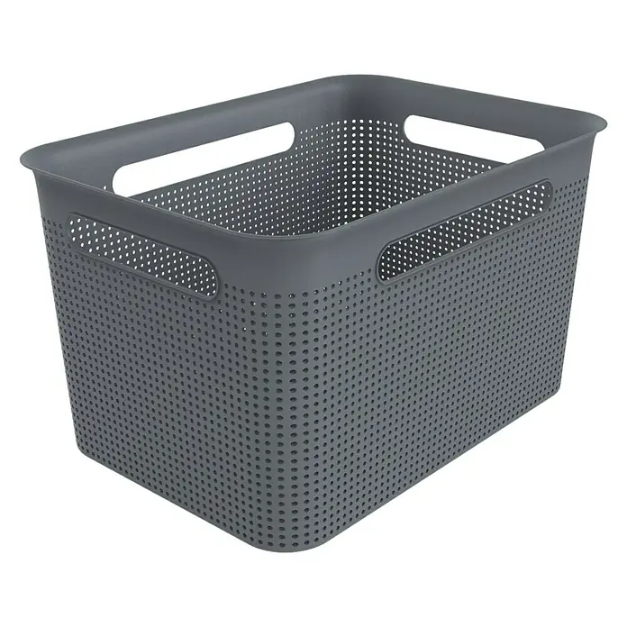 Rotho Aufbewahrungsbox Brisen - L x B x H: 36 x 26,2 x 21,1 cm, Kunststoff, Blau - Abgebildeter perforierter grauer Kunststoffkorb mit Griffen. Er ist leer und steht auf einer weißen Oberfläche. Ideal für die Organisation.