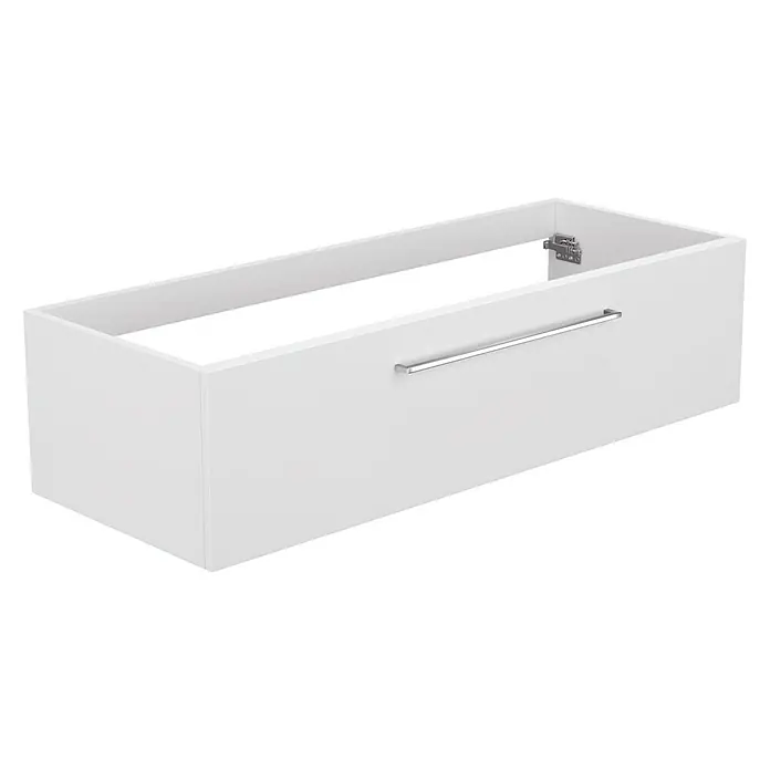 Camargue Espacio Waschtischunterschrank - 120 x 46 x 30 cm, Mira - Dieses Bild zeigt einen weißen Badezimmerschrank mit einem eleganten Griff. Das Design ist minimalistisch und modern.