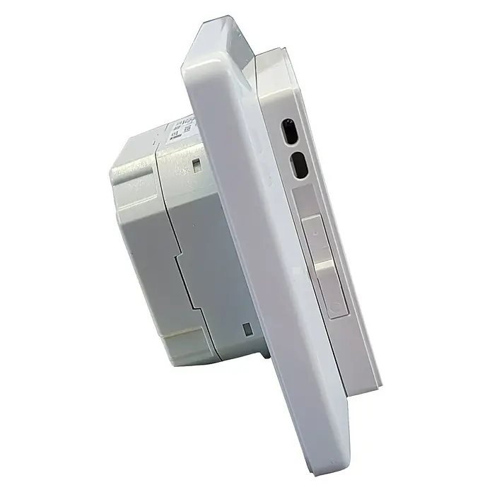 Thermostatkopf Smart Home E-Power WLAN - Weiß - Seitenansicht eines weißen, elektronischen Geräts. Ideal für Hausautomatisierung, bietet es eine elegante Integration und einfache Bedienung.