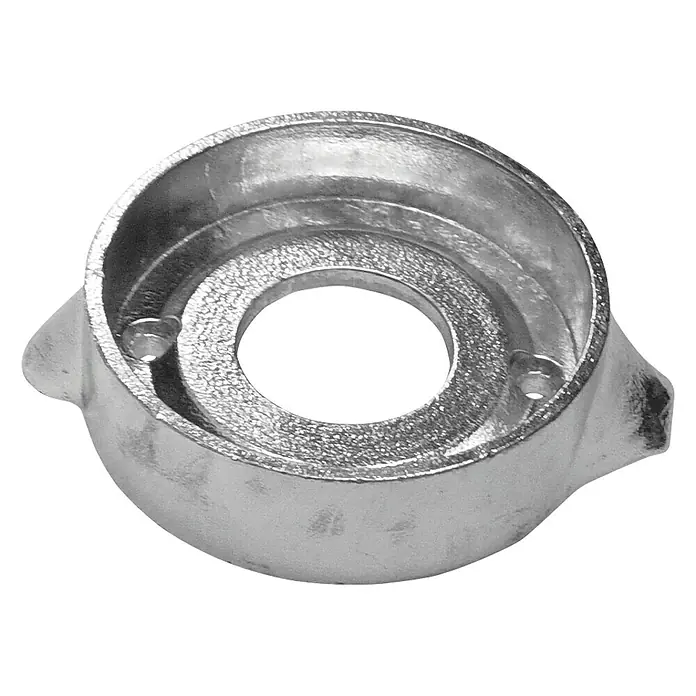 Propelleranode - Zink, Salzwasser, Passend für: Volvo Penta Propeller 120 & Saildrive 851983 - Aufnahme für Bootsmotor mit Aussparung in der Mitte und zwei seitlichen Laschen. Das Metallteil dient als Verbindungselement und Halterung.