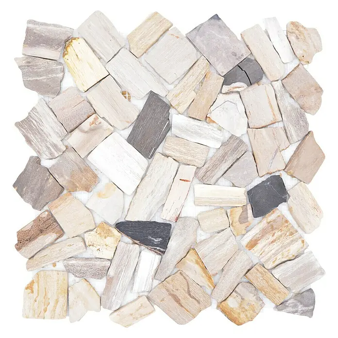 Mosaikfliese Mix CIOT FNWS - 30,5 x 30,5 cm, Braun/Beige, Matt - Quadratisches Mosaikmuster aus unterschiedlich großen, natürlichen Holzfliesen in verschiedenen Braun-, Grau- und Weißtönen für Wand- und Bodenbeläge.