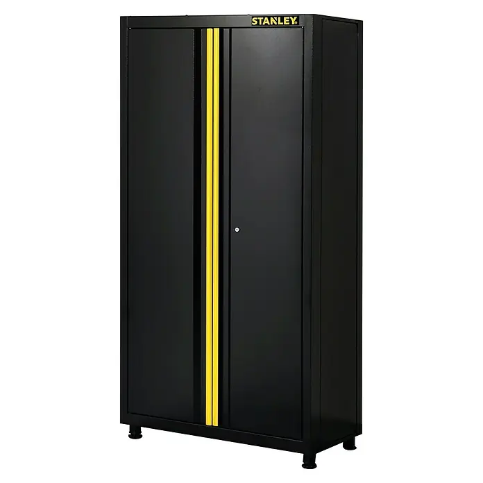 Stanley Werkstatt-Hochschrank RTA 36“ - L x B x H: 46 x 93 x 183 cm, Anzahl Türen: 2 Stk., Schwarz - Schwarzer Stanley-Werkzeugschrank mit gelben Akzenten, ideal zur Aufbewahrung von Werkzeugen und Ausrüstung.
