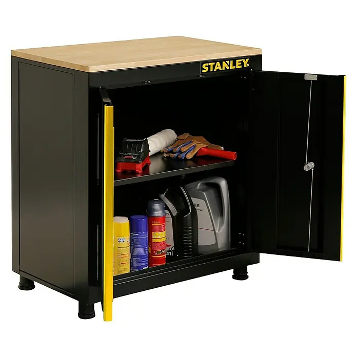 Stanley Armario bajo - L x An x Al: 77,5 x 87 x 46 cm, Negro/Amarillo - Imagen de un armario de taller Stanley con encimera con aspecto de madera, que ofrece espacio de almacenamiento para herramientas y accesorios.