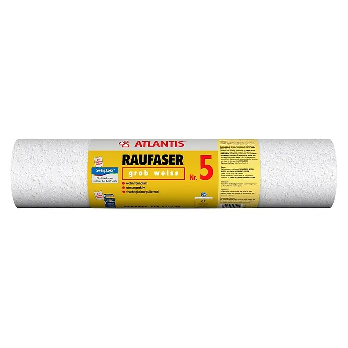 Atlantis Raufasertapete Nr. 5 - Weiß, Korngröße: Grob, 20 x 0,53 m - Nahaufnahme einer Rolle Atlantis Raufaser 5, einer groben, weißen, atmungsaktiven und feuchtigkeitsregulierenden Tapete mit Swing Color Qualität.