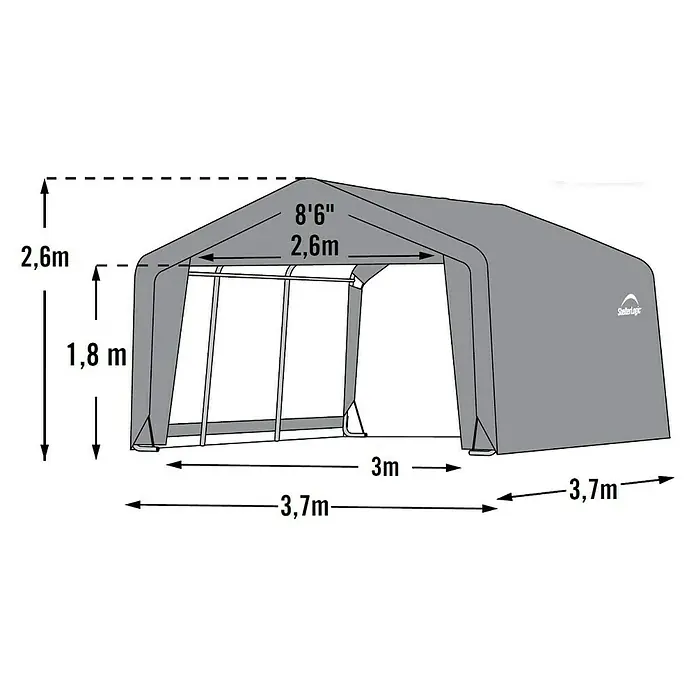 ShelterLogic Gerätehaus - Außenmaß inkl. Dachüberstand (B x T): 370 x 370 cm, Kunststoff, Grau - Abbildung eines ShelterLogic-Lagerschuppens mit Größenangaben.