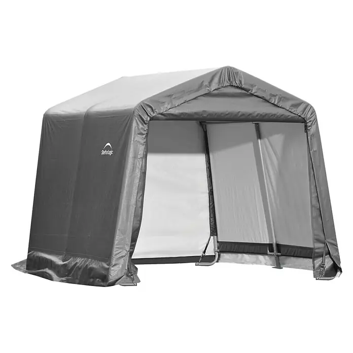 ShelterLogic Gerätehaus - Außenbreite inkl. Dachüberstand: 297 cm, Außentiefe inkl. Dachüberstand: 305 cm, Stahl, Grau - Graue ShelterLogic Auto-, Motorrad- oder Bootsgarage. Ideal zum Schutz vor Witterungseinflüssen, mit breiter Öffnung.