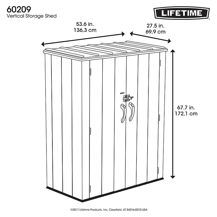 Lifetime Geräteschrank - Außenbreite inkl. Dachüberstand: 136 cm, Außentiefe inkl. Dachüberstand: 70 cm, Kunststoff, Dunkelgrau - Abbildung eines vertikalen Lifetime-Lagerschuppens mit den Maßen 53,6 x 27,5 x 67,7 Zoll.