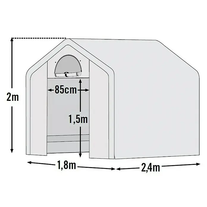 ShelterLogic Folien-Gewächshaus - 240 x 180 x 200 cm, Aluminium - Die Abbildung zeigt eine Gartenbox mit den Maßen 2m Höhe, 1,8m und 2,4m Breite und einer Tür von 85cm.