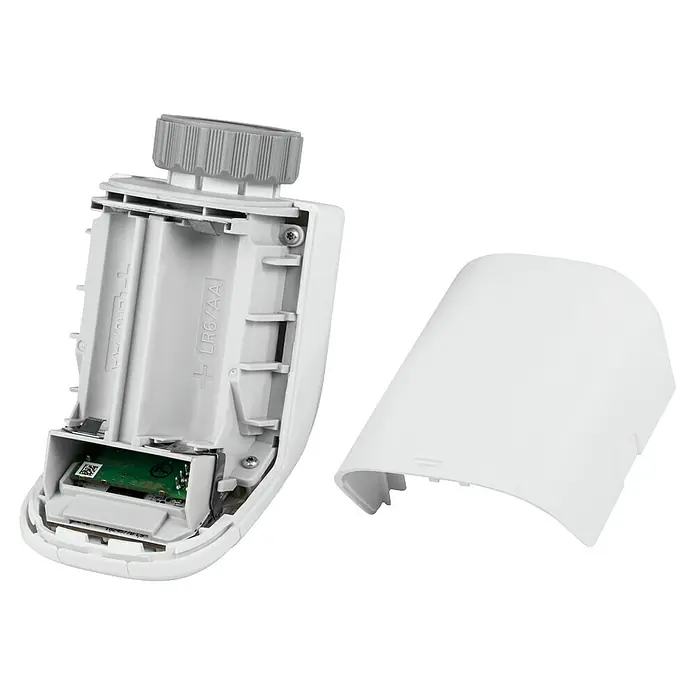 Homematic IP Heizkörper-Thermostat HmIP-eTRV-B-2 - M30 x 1,5 mm, Batteriebetrieben, 102 x 57 x 68 mm, Weiß, 1 Stk. - Weißes, offenes Thermostat-Ventilgehäuse mit Batteriefach und separater Abdeckung.