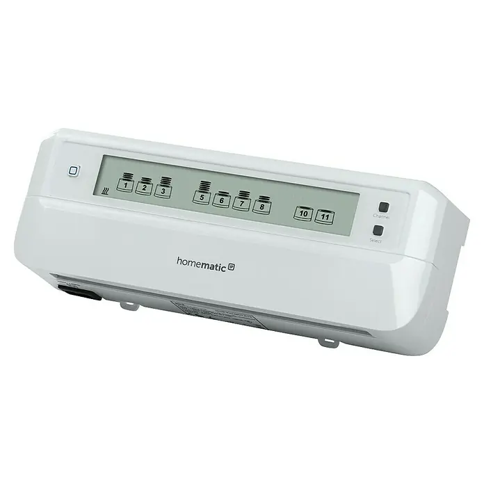 Homematic IP Fußbodenheizungsregler HmIP-FALMOT-C12 - 5,2 x 24,2 x 8,5 cm - Nahaufnahme des Homematic IP Wandthermostats mit Display, das verschiedene Kanäle anzeigt und zwei Tasten zur Steuerung.