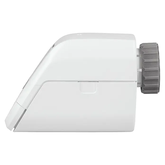 Homematic IP Heizkörper-Thermostat HmIP-eTRV-B-2 - M30 x 1,5 mm, Batteriebetrieben, 102 x 57 x 68 mm, Weiß, 1 Stk. - Nahaufnahme eines modernen, weißen Projektors mit einem gerändelten Einstellrad, ideal für Heimkino oder Präsentationen.
