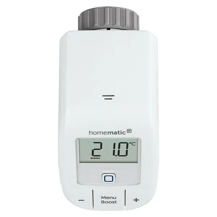 Homematic IP Heizkörper-Thermostat HmIP-eTRV-B-2 - M30 x 1,5 mm, Batteriebetrieben, 102 x 57 x 68 mm, Weiß, 1 Stk. - Abbildung eines Homematic IP Heizkörperthermostats. Er verfügt über ein Display und Bedienelemente zur Temperaturregelung.
