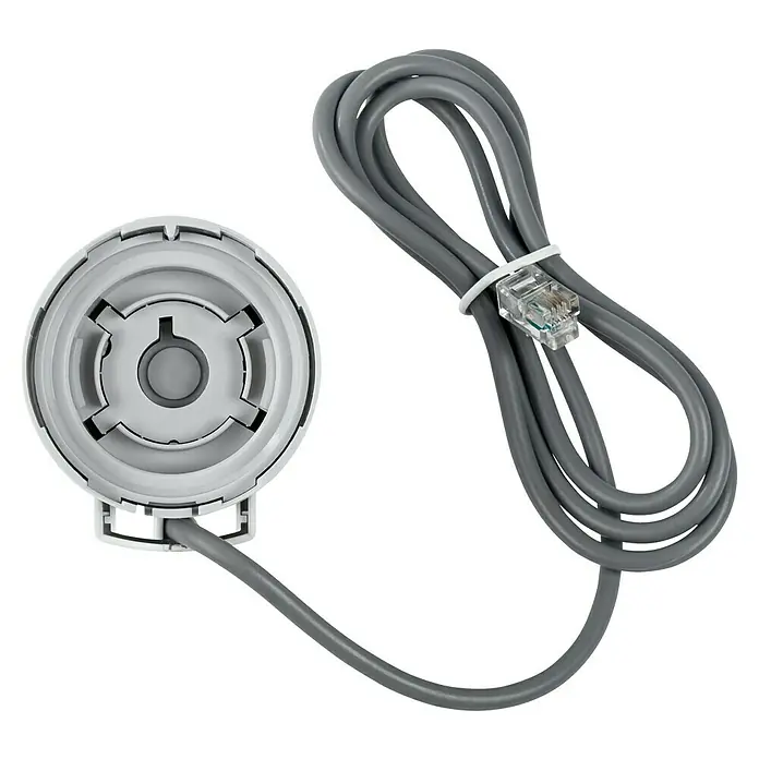 Homematic IP Thermo-Kleinventilantrieb HmIP-VDMOT - 4,4 x 5 x 5,4 cm, Grau, Weiß, M30 x 1,5 mm - Ein weißes, rundes Thermostatventil mit grauem Kabel und RJ45-Stecker, präsentiert vor einem schwarzen Hintergrund.