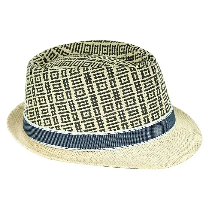Black Fox Sonnenhut Yann - Beige/Schwarz, Kopfumfang: 59 cm, Geeignet für: Herren - Eleganter Fedora-Hut mit geometrischem Muster und marineblauem Band. Das Accessoire ist ideal für sonnige Tage und stilvolle Auftritte.
