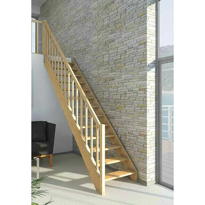 Dolle Raumspartreppe Paris - Breite: 83,5 cm, Fichte, Unbehandelt, Geschosshöhe: 280,5 cm, Gerade, Rechteckstäbe Holz, Ohne Setzstufen - Holztreppe mit Geländer vor einer Ziegelwand und einem Fenster, die das natürliche Licht in den Raum bringt.
