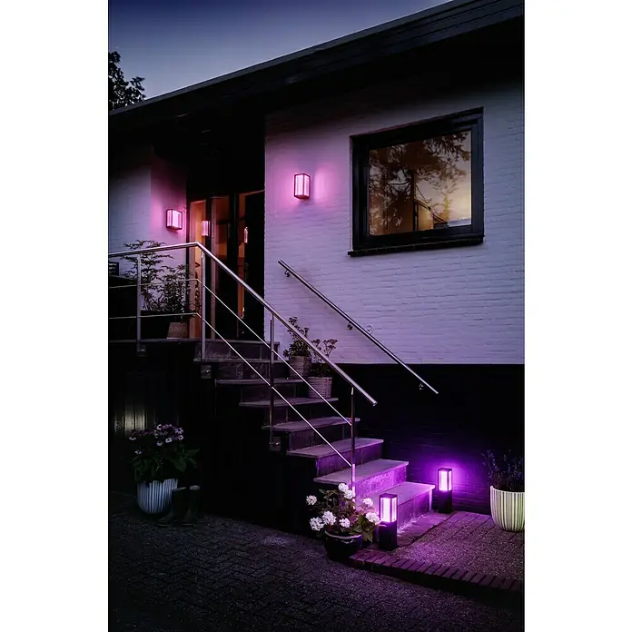 Philips Hue LED-Außenwandleuchte Impress - 8 W, 14,1 x 12 x 24 cm, Schwarz, IP44 - Ein Haus mit moderner Außenbeleuchtung in Pink. Die Wandlampen und Bodenleuchten schaffen eine stimmungsvolle Atmosphäre rund um den Eingangsbereich.