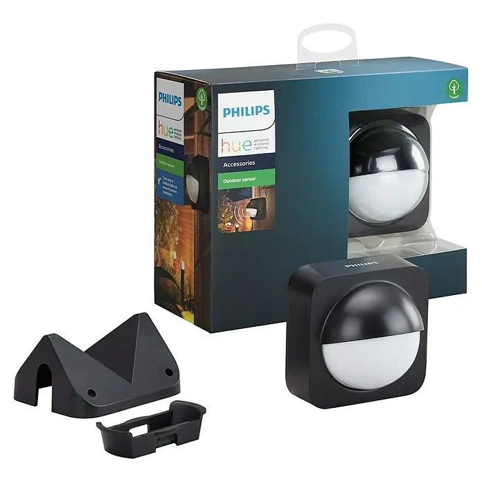 Philips Hue Bewegungsmelder - Reichweite Sensor: 12 m, Schwarz, L x B x H: 7,5 x 17,6 x 16,5 cm - Philips Hue Außensensor im Karton und Zubehör. Der Sensor ist schwarz und halbkugelförmig und dient zur Bewegungserkennung im Außenbereich.