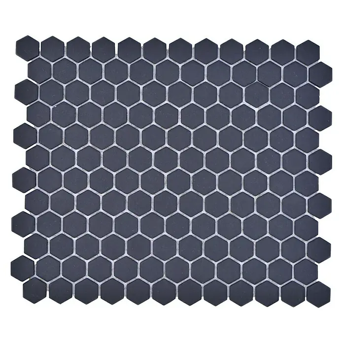 Mosaikfliese Hexagon Uni HX AT29 - 26 x 30 cm, Schwarz, Matt - Nahaufnahme eines Musters aus schwarzen, sechseckigen Mosaikfliesen mit hellgrauen Fugen, ideal für moderne Wand- oder Bodengestaltungen.