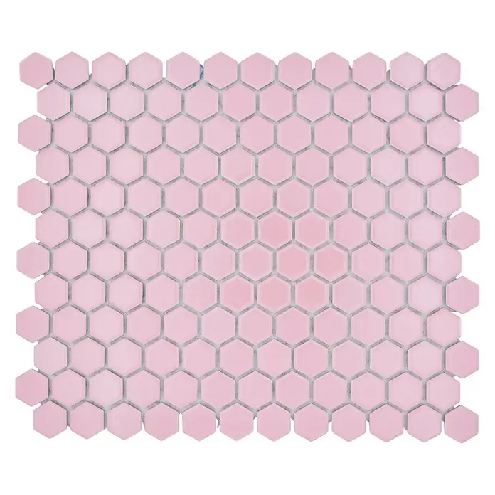 Mosaikfliese Hexagon Uni HX 220 - 26 x 30 cm, Rosa, Glänzend - Rosa hexagonale Fliesenmatte. Diese dekorative Matte besteht aus vielen kleinen rosa sechseckigen Fliesen für Badezimmer und Küche.