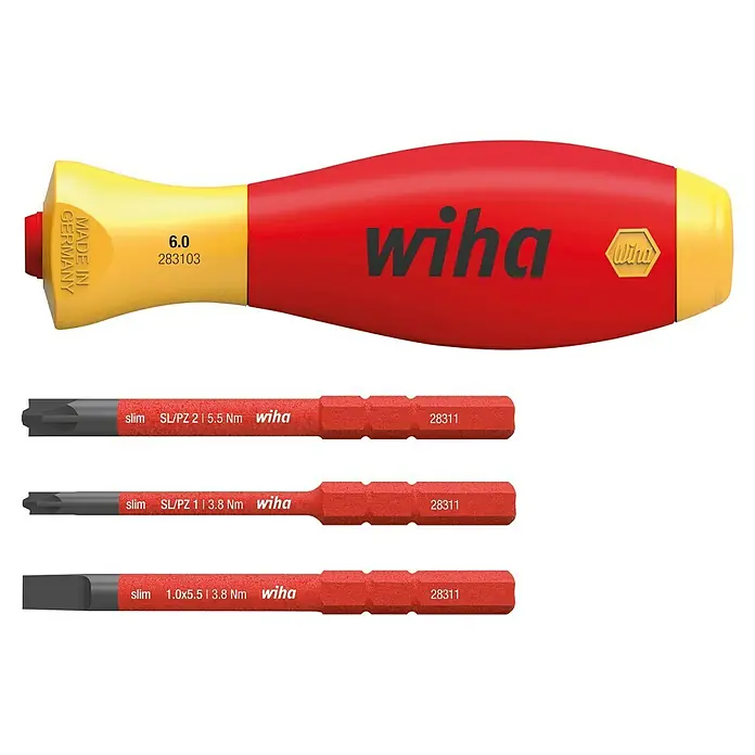 Wiha Schraubendreher-Set SoftFinish slimVario electric - 4 -tlg. - Wiha slimBit Set mit rotem Griff und verschiedenen Bits für Schraubarbeiten, ideal für Elektriker und Heimwerker.