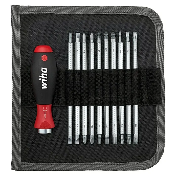 Wiha Schraubendreher-Set System 6 - 11 -tlg. - Wiha Bit-Set mit einem roten Schraubendrehergriff und verschiedenen Bits, die in einem schwarzen Etui aufbewahrt werden.