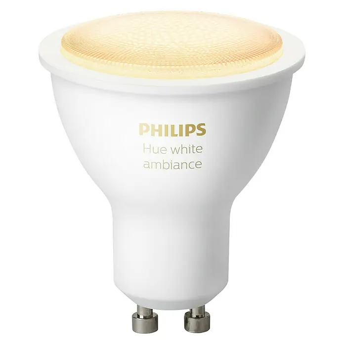Philips Hue Bombilla LED inteligente - GU10, Intensidad regulable, Blanco cálido, 350 lm, 5,7 W - Primer plano de una bombilla LED Philips Hue White Ambiance con base GU10 y temperatura de color ajustable para iluminación ambiental.