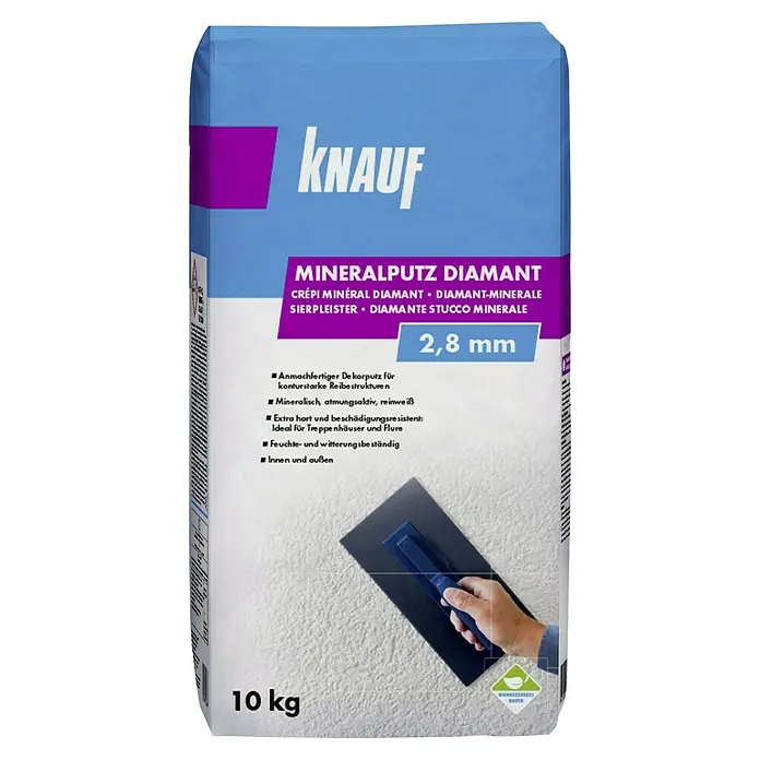 Knauf Dekoputz Mineralputz Diamant - Reinweiß, Körnung: 2,8 mm, 10 kg - Bild eines 10 kg Sackes Knauf Mineralputz Diamant, ein mineralischer, atmungsaktiver und reinweißer Dekorputz für konturstarke Reibestrukturen.