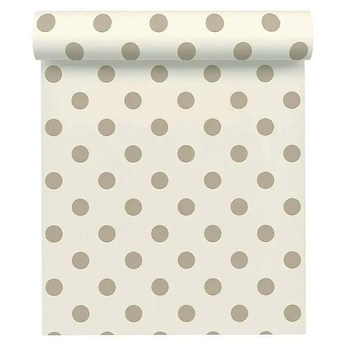 A.S. Création Boys And Girls 6 Vliestapete - Weiß/Taupe, Grafisch, 10,05 x 0,53 m - Eine Rolle cremefarbener Tapete mit einem gleichmäßigen Muster aus graubraunen Punkten, ideal für eine stilvolle Wandgestaltung.