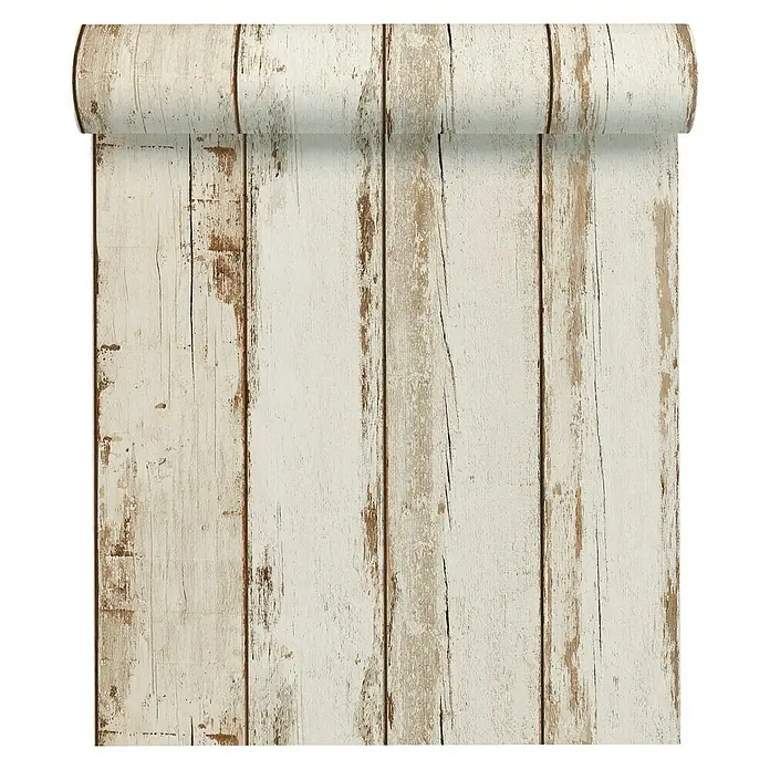 A.S. Création Il Decoro Vliestapete Vintage-Wood - Beige, Holzoptik, 10,05 x 0,53 m - Eine Rolle Holzbrett-Tapete mit weißer Farbe, die einen rustikalen Charme vermittelt, ideal für ein gemütliches Ambiente.