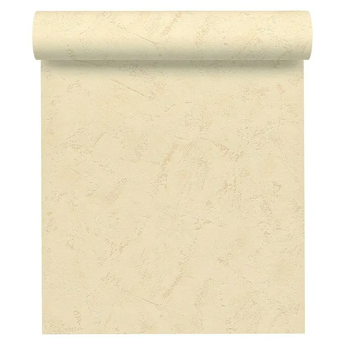 Vliestapete - Creme, Uni, 10,05 x 0,53 m, Spachtelstruktur - Nahaufnahme einer Rolle beiger Rauhfasertapete mit leichter Textur, ideal für die Wandgestaltung im Innenbereich.