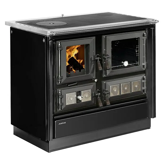 Justus Küchenherd Rustico-90 2.0 - 7 kW, Raumheizvermögen: 144 m³, Backofen rechts, Schwarz - Schwarzer Justus Holzherd mit Kochfeld, Backofen und Feuerraum. Ein stilvolles und funktionales Küchengerät für Ihr Zuhause.