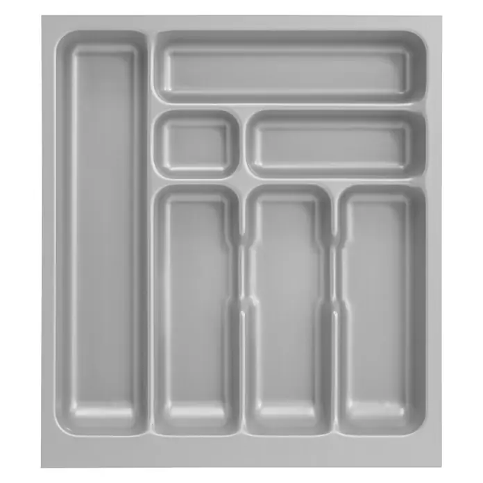 Optifit Besteckkasten - 47,3 x 41,8 x 5 cm, Silbergrau - Eine graue, quadratische Besteckschale mit mehreren Fächern verschiedener Größe zur praktischen Aufbewahrung von Küchenutensilien.
