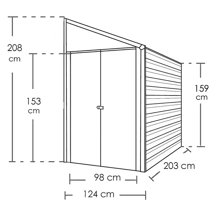 Spacemaker Geräteschrank 4x7 - Außenbreite inkl. Dachüberstand: 124 cm, Außentiefe inkl. Dachüberstand: 203 cm, Stahl, Grau - Abbildung eines Gartenhauses mit den Maßen 208 cm Höhe, 124 cm Breite und 203 cm Tiefe.