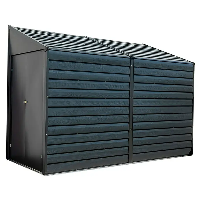 Spacemaker Gerätehaus 4x10 - Außenmaß inkl. Dachüberstand (B x T): 124,5 x 294,6 cm, Stahl, Grau - Bild eines schwarzen Gerätehauses aus Metall mit Schrägdach und einer Tür. Ideal für die Gartenaufbewahrung.
