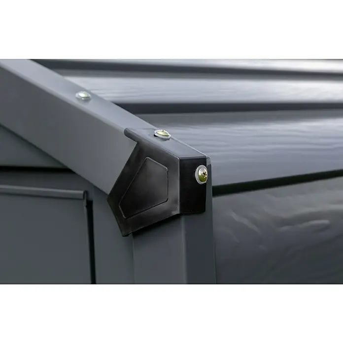 Spacemaker Geräteschrank 4x7 - Außenbreite inkl. Dachüberstand: 124 cm, Außentiefe inkl. Dachüberstand: 203 cm, Stahl, Grau - Nahaufnahme einer Metallschuppen-Ecke mit Schrauben, die die Struktur sichern und die Stabilität des Produkts hervorheben.