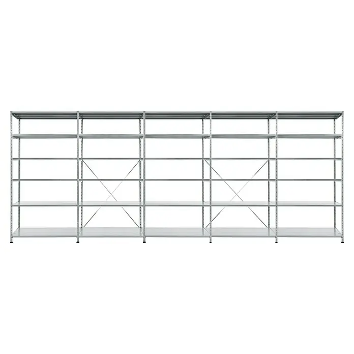 Scholz Metallregal SE - Höhe: 192 cm, B x T: 509 x 50 cm, Traglast pro Boden: 170 kg, Anzahl Böden: 5 Stk., Stecken, Silber - Das Bild zeigt ein Regal mit mehreren Regalböden und einer stabilen Konstruktion, ideal für Lagerung und Organisation in verschiedenen Umgebungen.