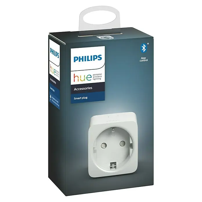 Philips Hue Enchufe inalámbrico - Blanco, Potencia de conexión máx.: 2.300 W, 1 ud. - Imagen del producto de un embalaje de Philips Hue Smart Plug, que muestra un enchufe inteligente para el control inalámbrico de la iluminación.
