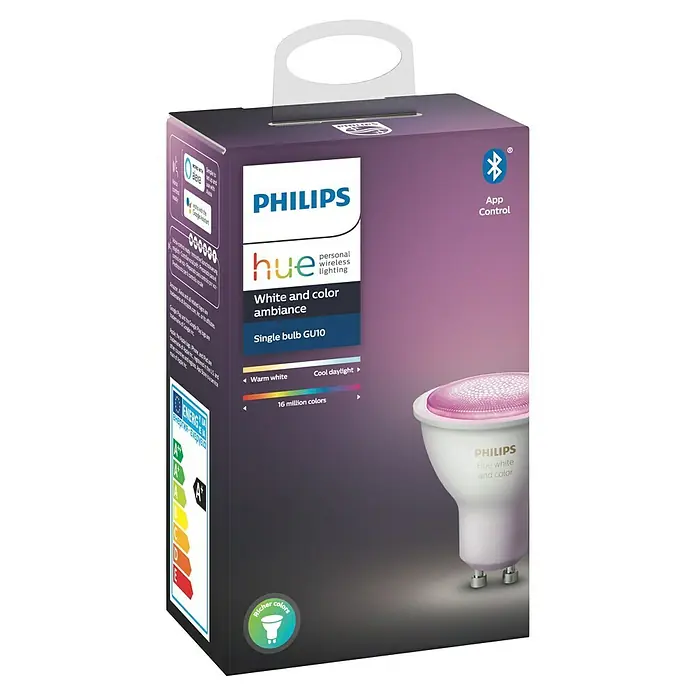Philips Hue Set de bombillas LED inteligentes - GU10, Intensidad regulable, RGBW, 350 lm, 5,7 W, 1 ud. - La bombilla individual Philips Hue White and Color Ambiance GU10 para iluminación inteligente con 16 millones de colores.