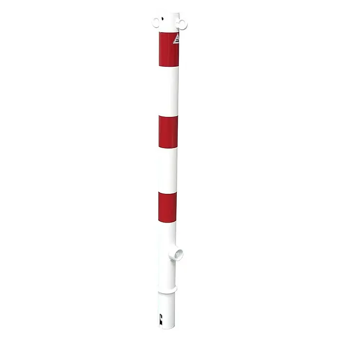 Schake Sperrpfosten - Ø x H: 60 x 1.300 mm, Stahl, Einbetonieren, Weiß/Rot, 2 Ösen, Dreikantverriegelung - Ein rot-weiß gestreifter Absperrpfosten mit Griffen und einer seitlichen Öffnung, ideal zur Verkehrsleitung oder als Sicherheitsbarriere.