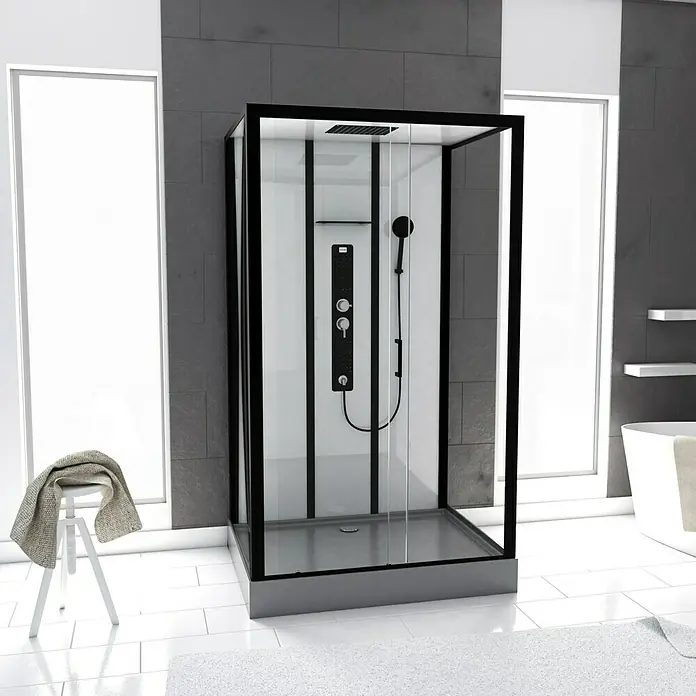 Aurlane Cabina de ducha completa Indus - 115 x 90 x 215 cm, Antracita/Metálico plateado - Elegante cabina de ducha negra con panel de control integrado y rociador de lluvia para una experiencia lujosa.