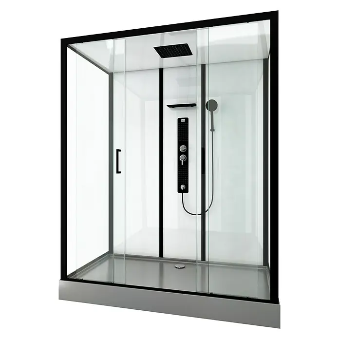 Aurlane Designdusche Indus160 x 85 x 215 cm, Anthrazit/Silbergrau - Schwarze Duschkabine mit klaren Glasscheiben und einer schwarzen Duschsäule mit Handbrause für ein modernes Badezimmerdesign.